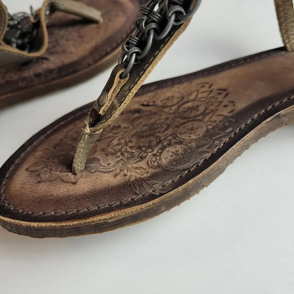 Bull Boxer Annalise Chain Sandals Leather Flats ‎ T-strap Thong Brown Boho
